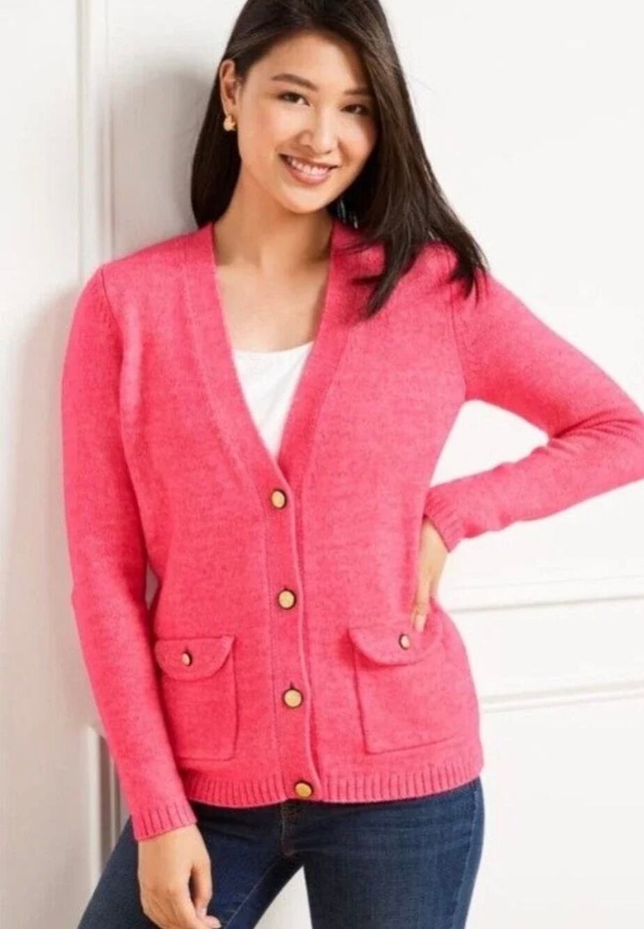 Talbots Honeysuckle Cardigan Flap Pockets V Neck Coral Button Front Sweater 2X
